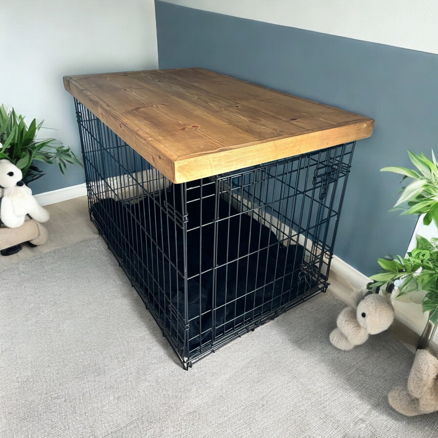 Wooden dog crate top , storage solution