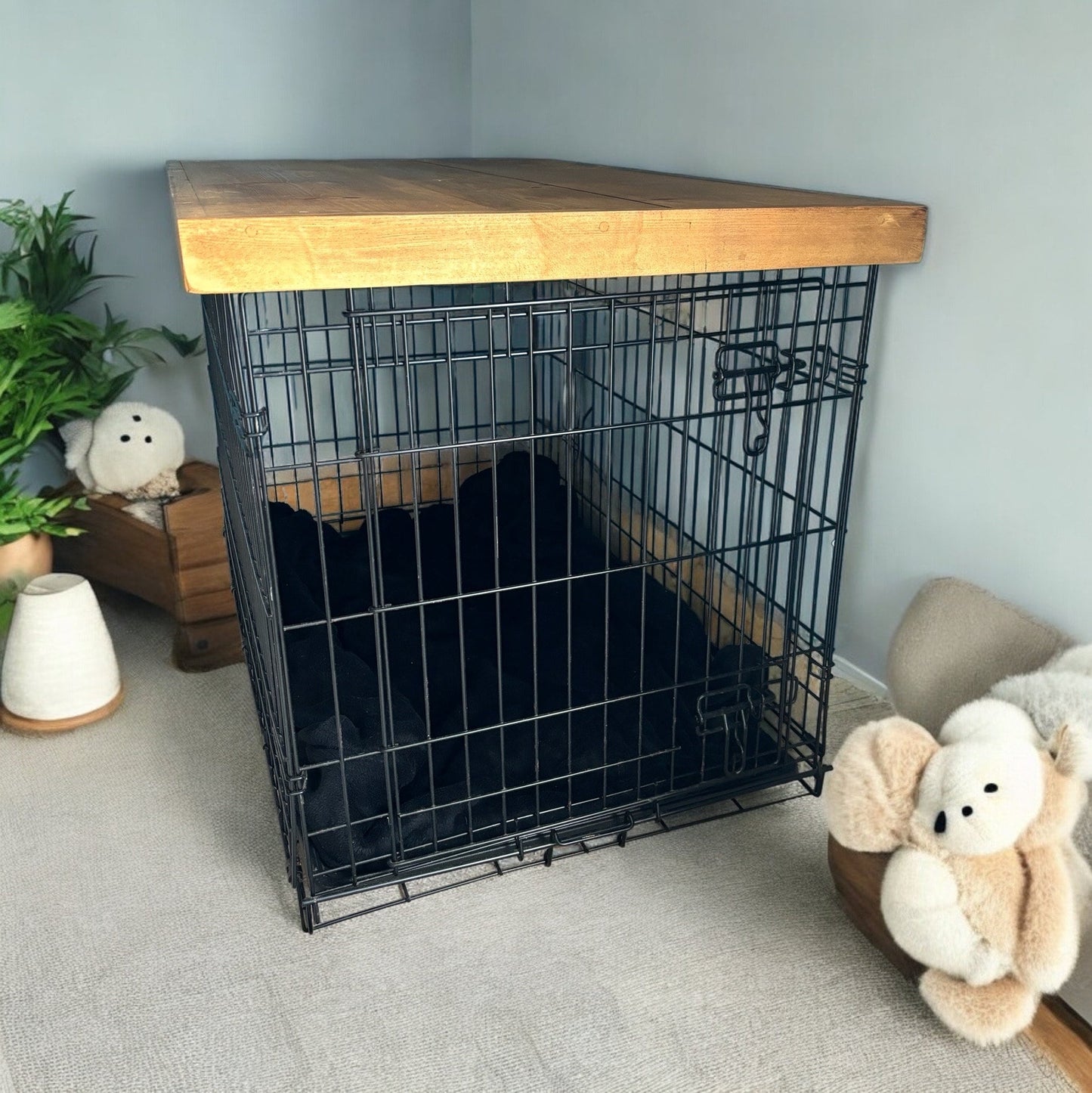 Wooden dog crate top , storage solution