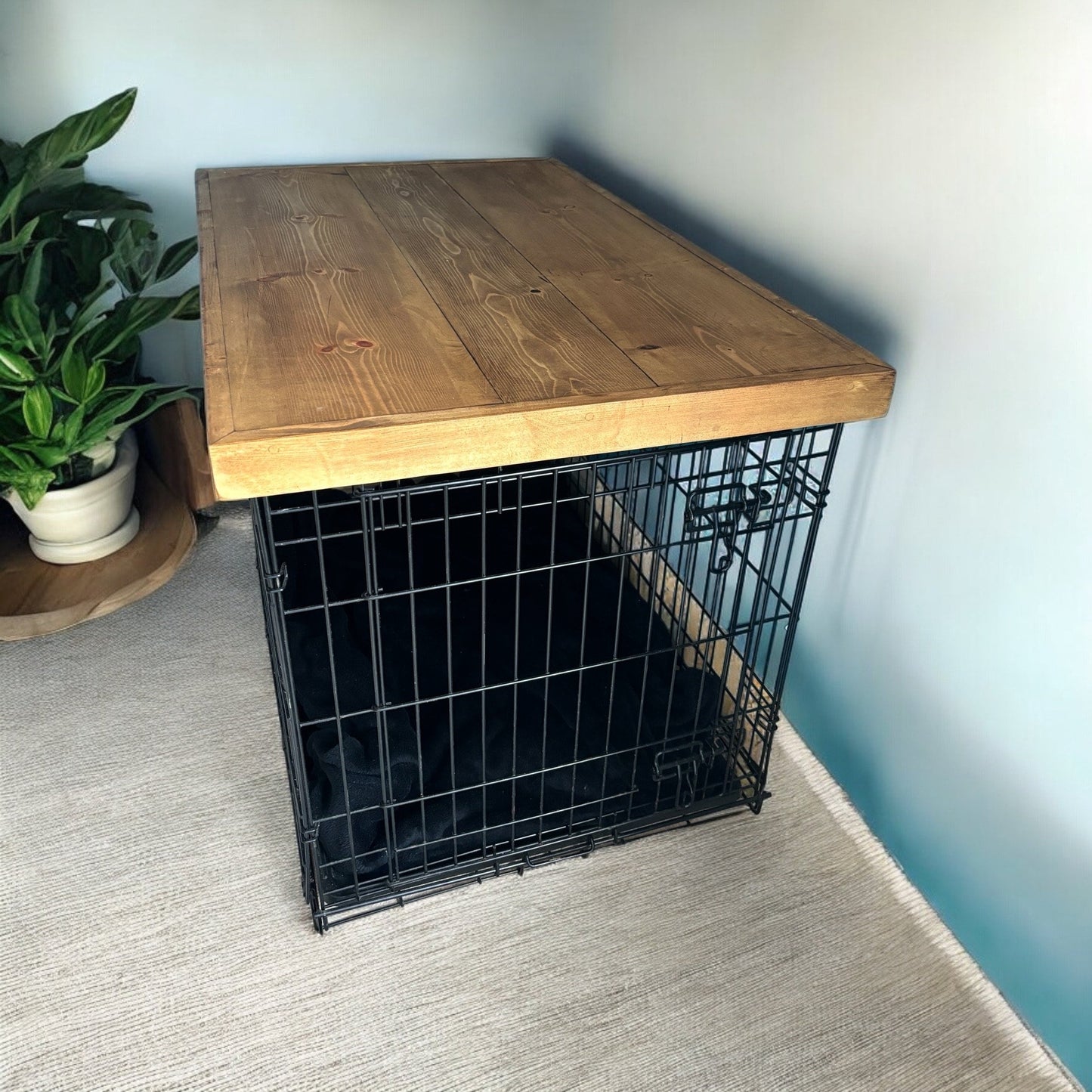 Wooden dog crate top , storage solution